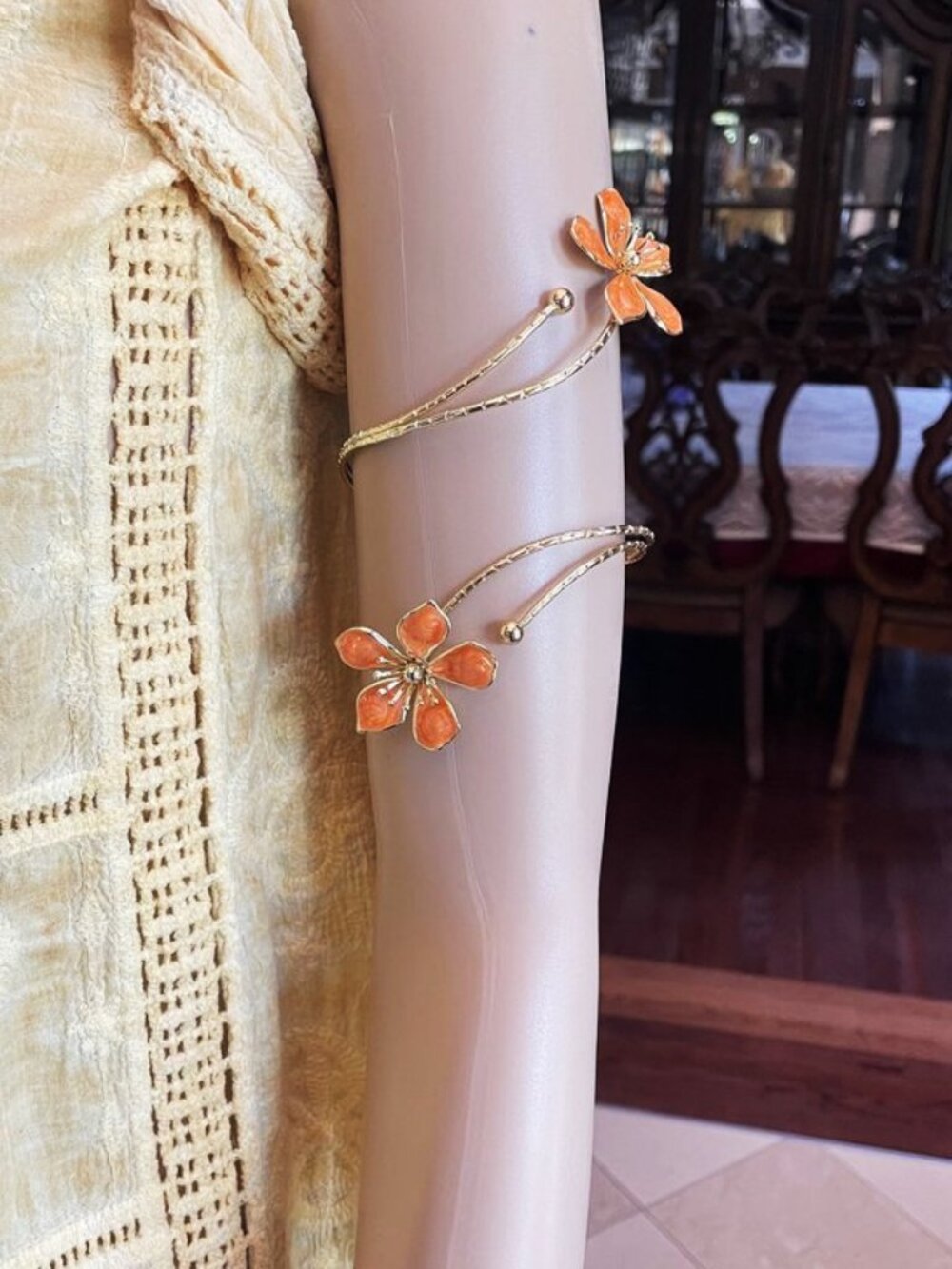 Boho Orange Enamel Flower Arm & Ankle Cuff Bracelet | Adjustable - Picture 2 of 13